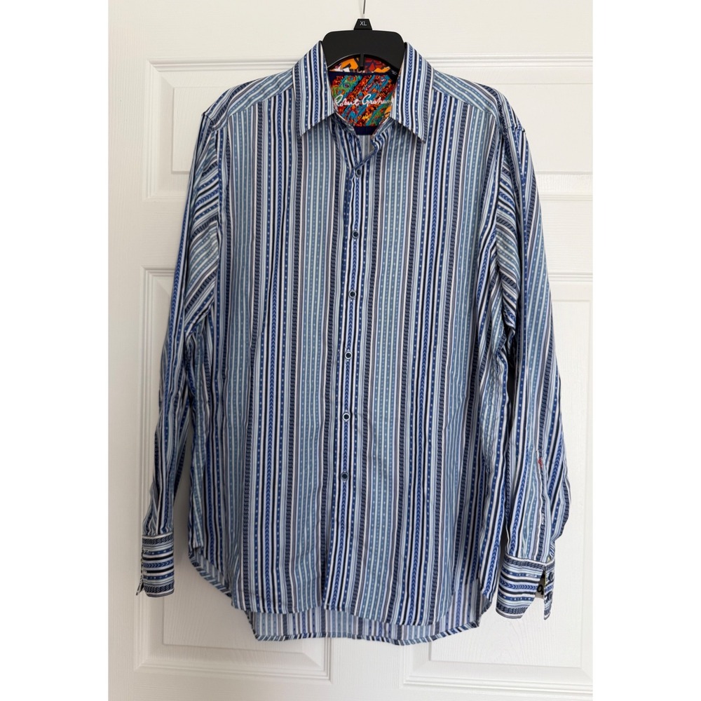 Robert Graham Mens Blue Stripe Button Down Shirt Contrast‎ Cuffs L Long Sleeve
